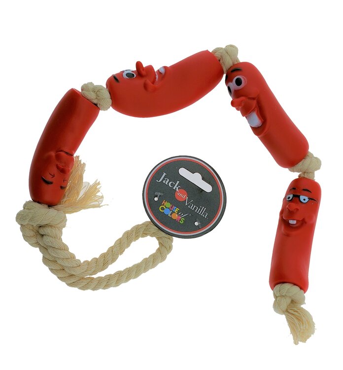 Honden speeltouw met worsten