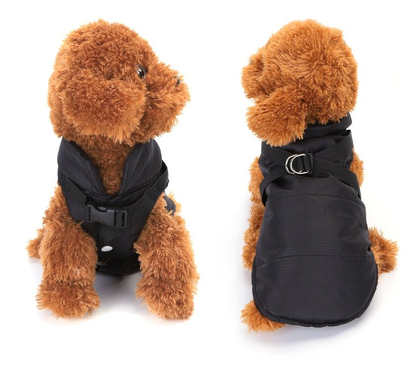 Waterdichte hondenjas voor de koude dagen. De jas is voorzien van een tuigje dat vast zit aan de jas.