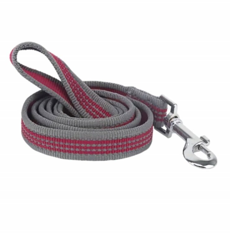 Nobleza Hondenriem - Soepel Nylon - Grijs / rood - Reflecterend - Lengte 120 cm - Breedte 2 cm