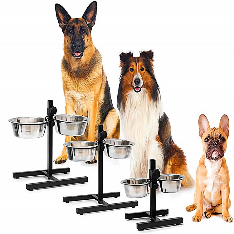 In hoogte verstelbare voerbakken rvs voor kleine honden.