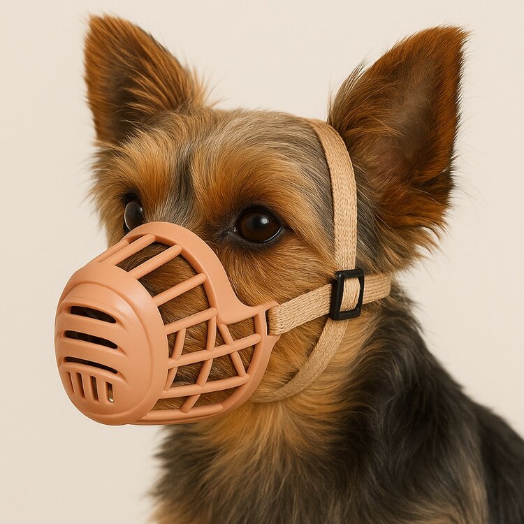 Yorkshire Terri&euml;r met deze muilkorf