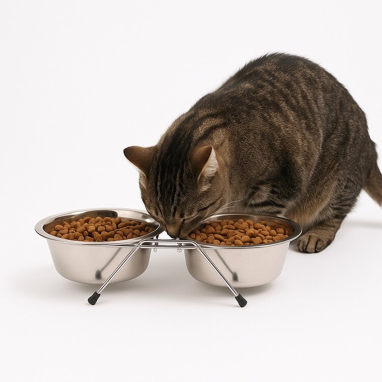Dubbele voerbak voor hondje of kat. Voerbakken met standaard