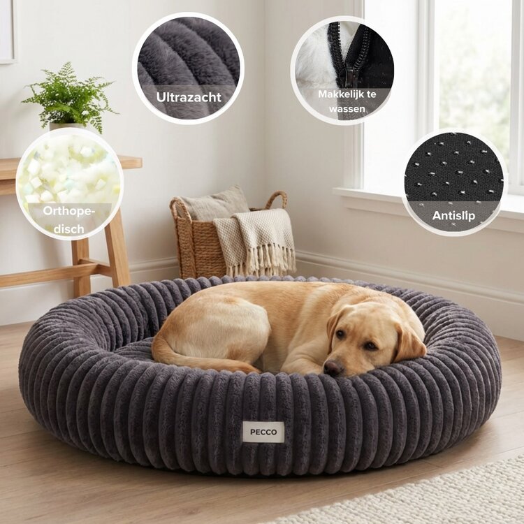Pecco donut hondenmand 100 cm met zachte ribstof en ondersteunende rand voor hoofd en nek