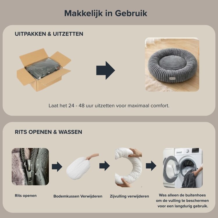 Pecco Luxe mand voor hond en kat - Orthopedisch - Rond 50 cm - Beige rib