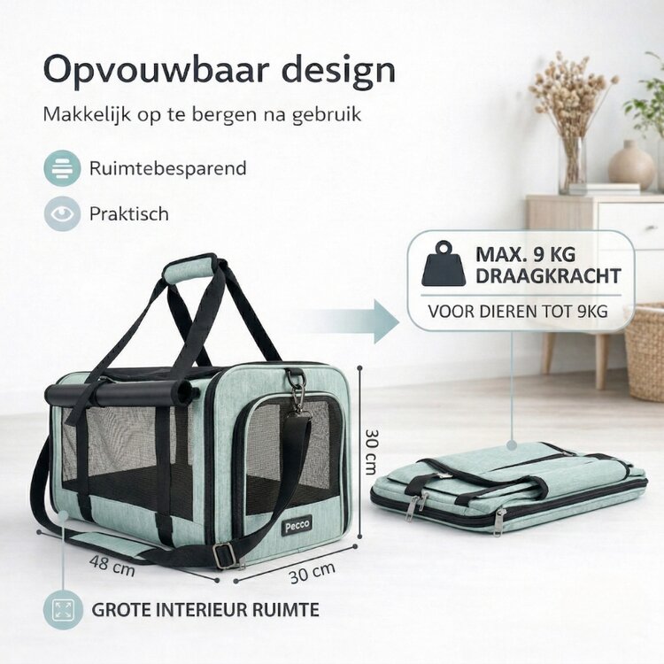 Pecco luxe draagtas voor hond en kat tot 9 kg - Groen - 48x30x30 cm