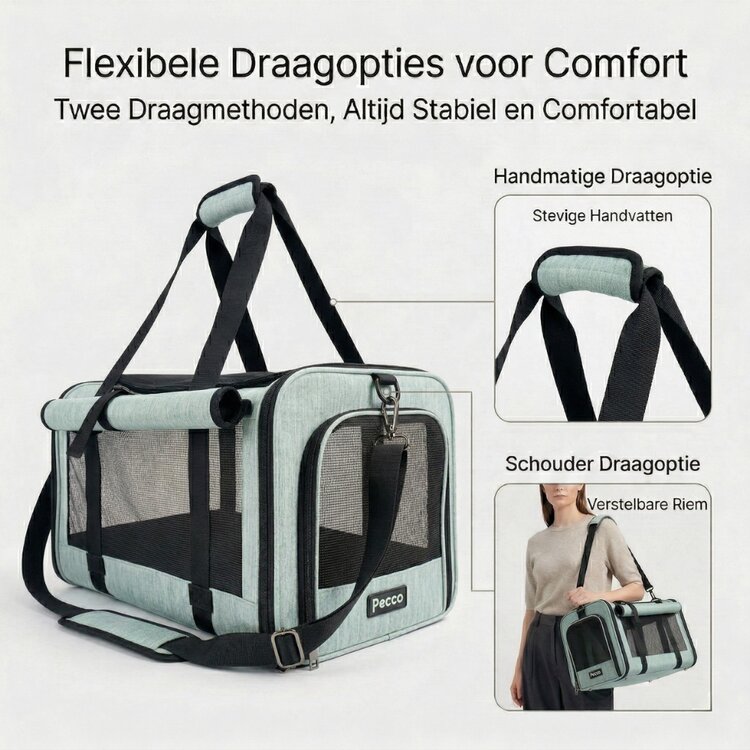 Pecco luxe draagtas voor hond en kat tot 9 kg - Groen - 48x30x30 cm
