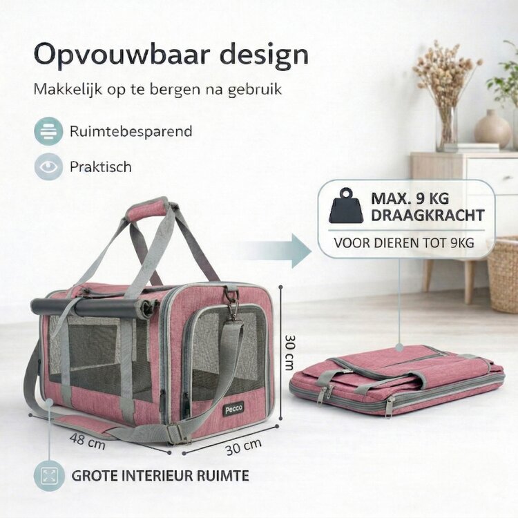 Pecco luxe draagtas voor hond en kat tot 9 kg - Roze - 48x30x30 cm