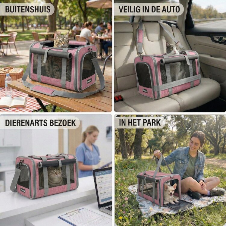 Pecco luxe draagtas voor hond en kat tot 9 kg - Roze - 48x30x30 cm