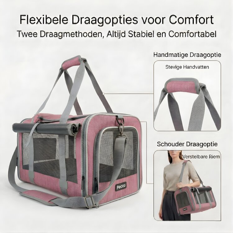 Pecco luxe draagtas voor hond en kat tot 9 kg - Roze - 48x30x30 cm