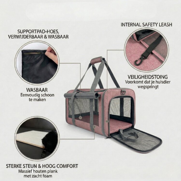 Pecco luxe draagtas voor hond en kat tot 9 kg - Roze - 48x30x30 cm