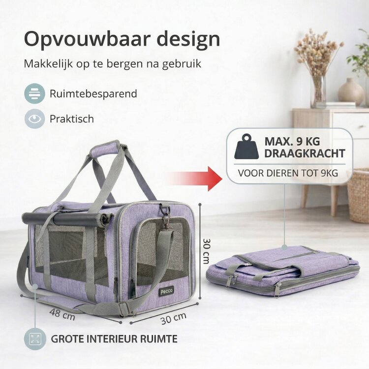 Pecco luxe draagtas voor hond en kat tot 9 kg - Paars - 48x30x30 cm