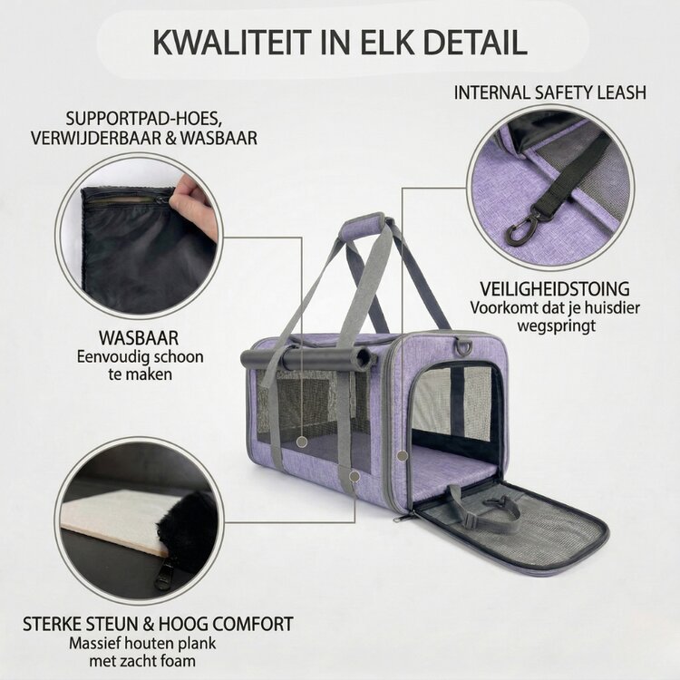Pecco luxe draagtas voor hond en kat tot 9 kg - Paars - 48x30x30 cm