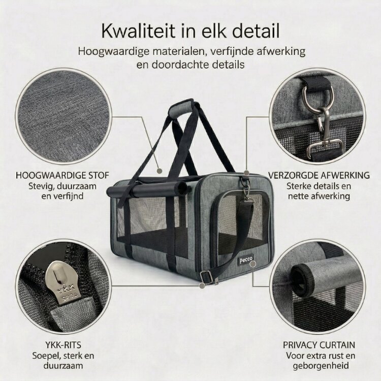 Pecco luxe draagtas voor hond en kat tot 9 kg - Grijs - 48x30x30 cm