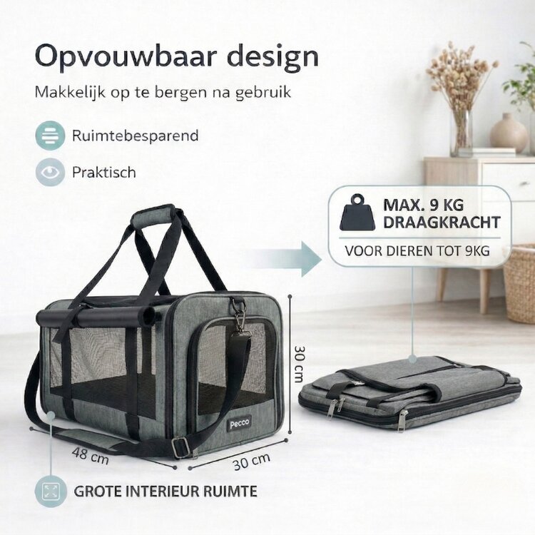 Pecco luxe draagtas voor hond en kat tot 9 kg - Grijs - 48x30x30 cm