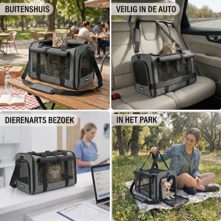 Pecco luxe draagtas voor hond en kat tot 9 kg - Grijs - 48x30x30 cm