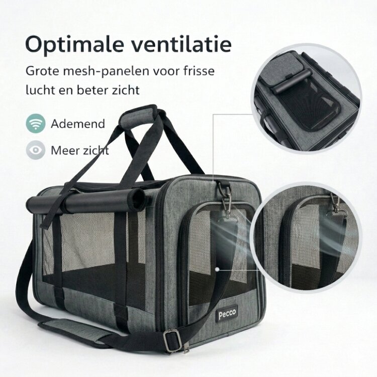 Pecco luxe draagtas voor hond en kat tot 9 kg - Grijs - 48x30x30 cm