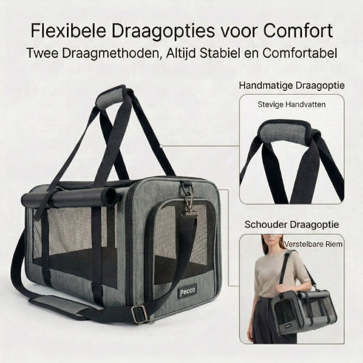 Pecco luxe draagtas voor hond en kat tot 9 kg - Grijs - 48x30x30 cm