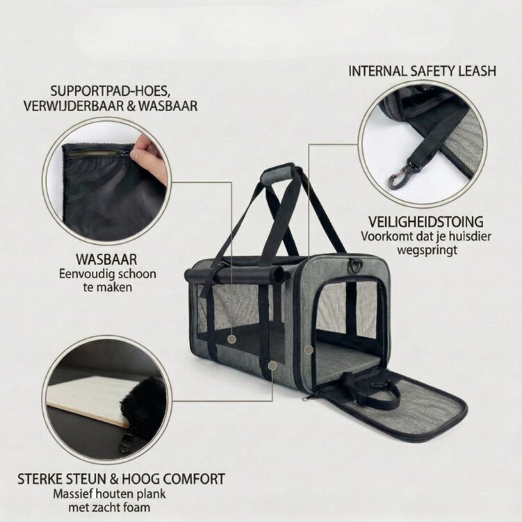 Pecco luxe draagtas voor hond en kat tot 9 kg - Grijs - 48x30x30 cm
