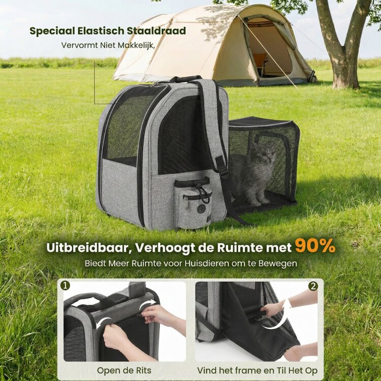 Pecco luxe uitbreidbare rugtas voor hond en kat tot 8 kg - Grijs