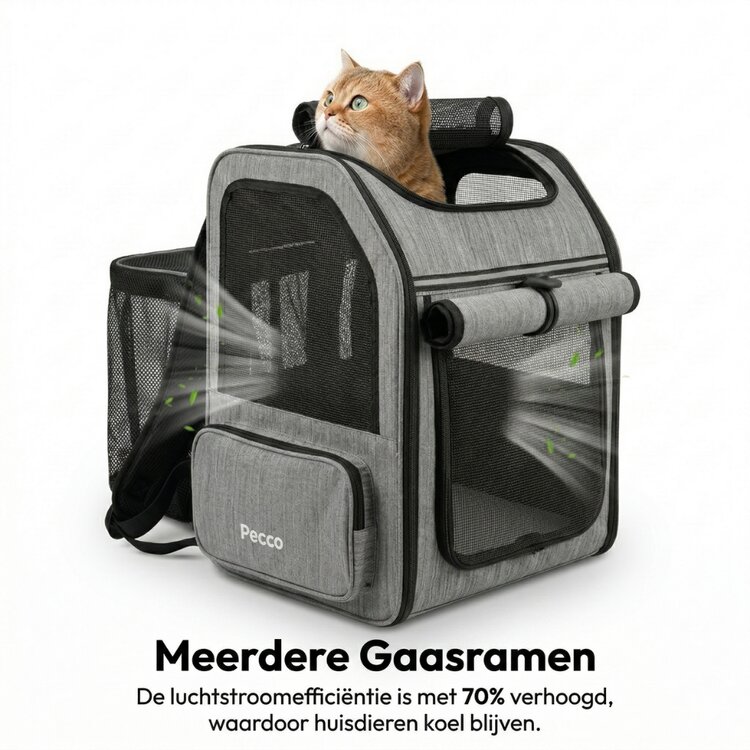 Grijze Pecco hondenrugtas en kattenrugtas met ventilatievensters