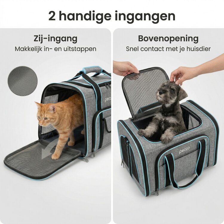 Pecco Dubbel uitbreidbare draagtas voor hond en kat tot 9 kg - Grijs