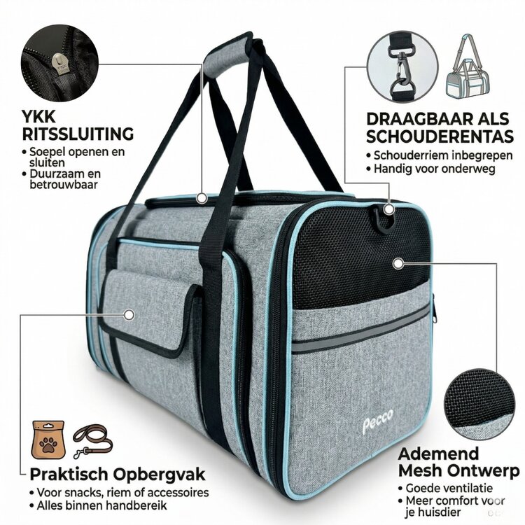 Pecco Dubbel uitbreidbare draagtas voor hond en kat tot 9 kg - Grijs