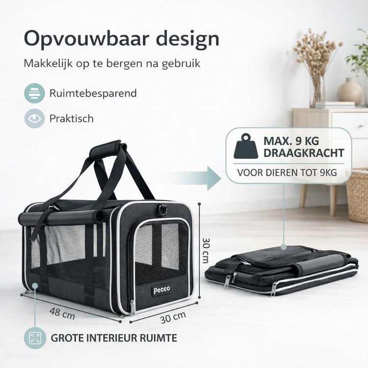 Pecco luxe draagtas voor hond en kat tot 9 kg - Zwart - 48x30x30 cm