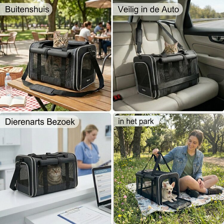 Pecco luxe draagtas voor hond en kat tot 9 kg - Zwart - 48x30x30 cm