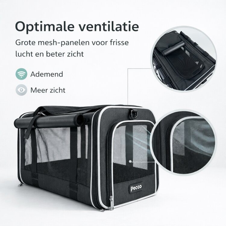 Pecco luxe draagtas voor hond en kat tot 9 kg - Zwart - 48x30x30 cm