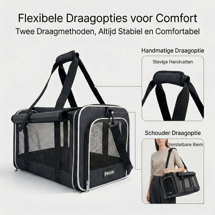 Pecco luxe draagtas voor hond en kat tot 9 kg - Zwart - 48x30x30 cm