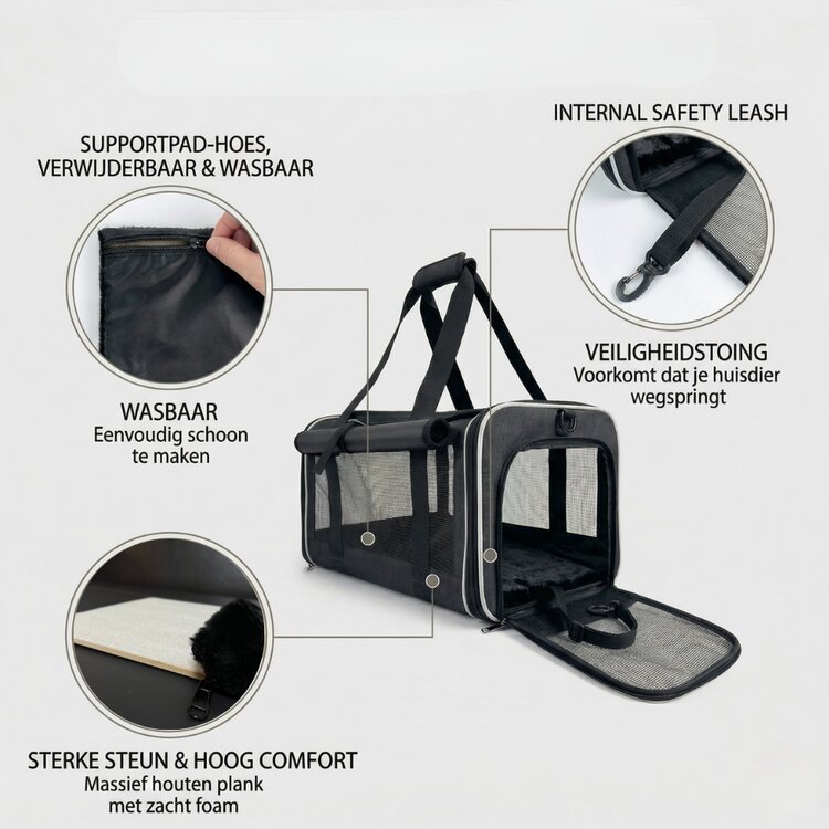 Pecco luxe draagtas voor hond en kat tot 9 kg - Zwart - 48x30x30 cm