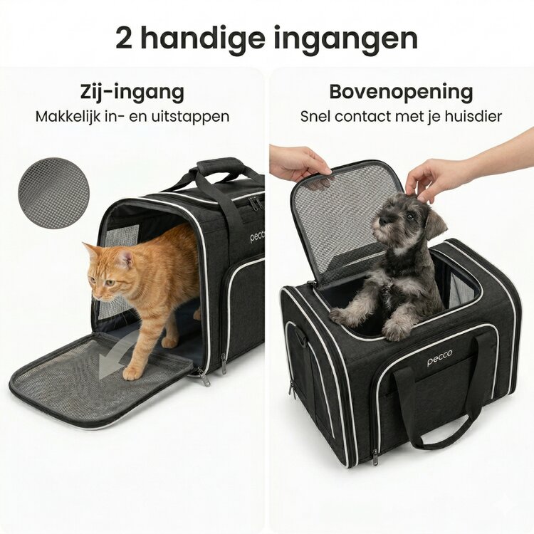 Pecco Dubbel uitbreidbare draagtas voor hond en kat tot 9 kg - Zwart