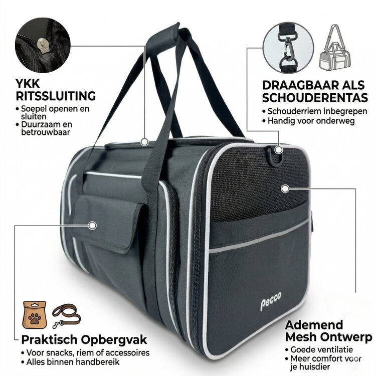 Pecco Dubbel uitbreidbare draagtas voor hond en kat tot 9 kg - Zwart