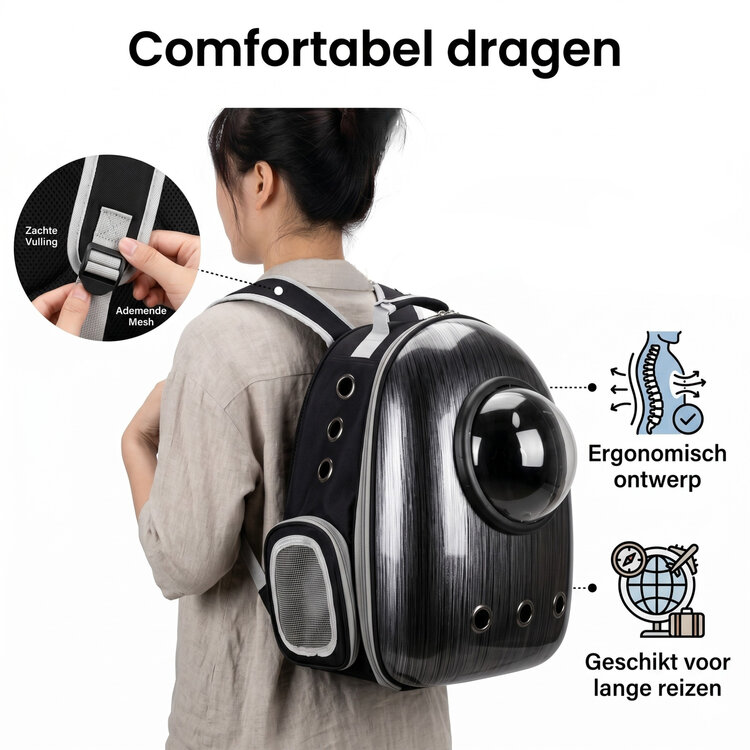 Pecco Kattenrugtas met bol venster - Tot 8 kg - Zwart