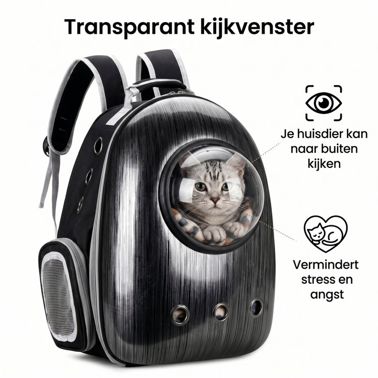 Pecco Kattenrugtas met bol venster - Tot 8 kg - Zwart