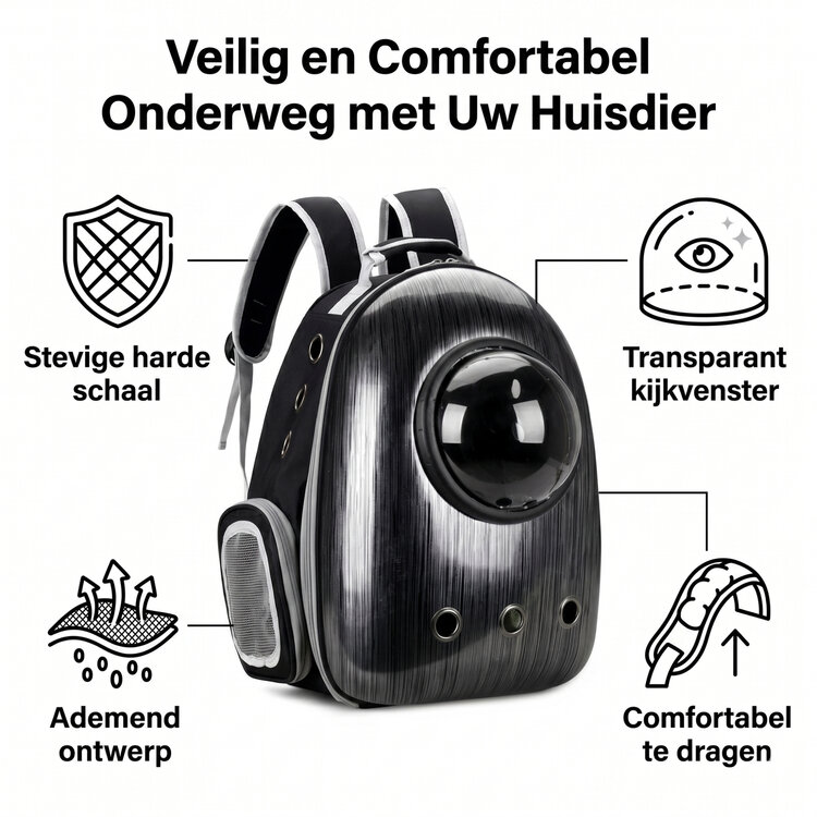 Pecco Kattenrugtas met bol venster - Tot 8 kg - Zwart