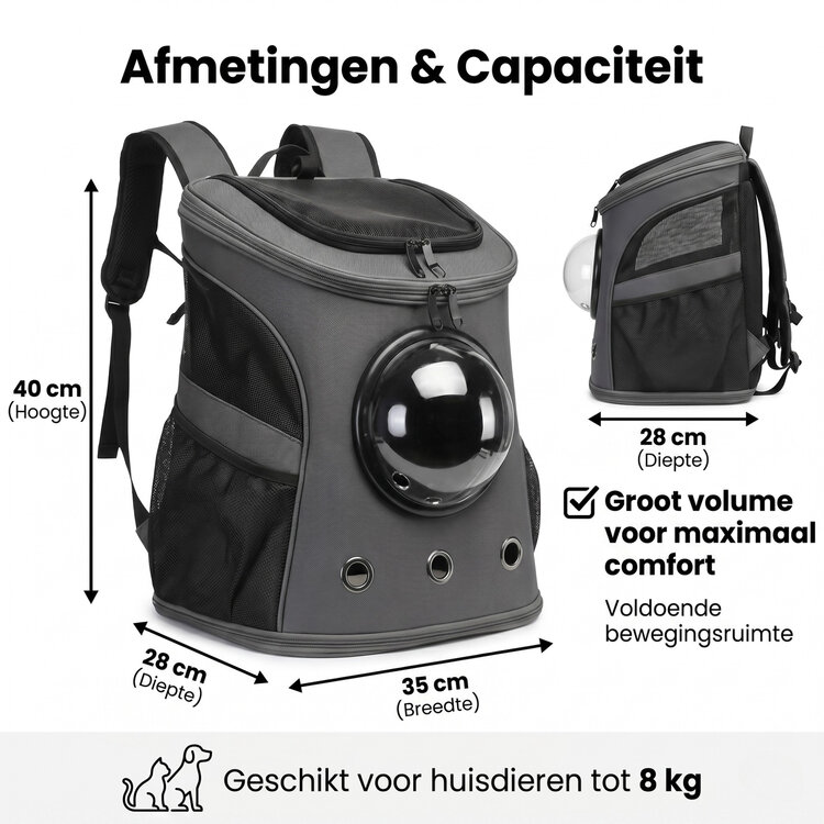 Pecco Rugzak voor hond en kat - Tot 5 kg - Grijs stof