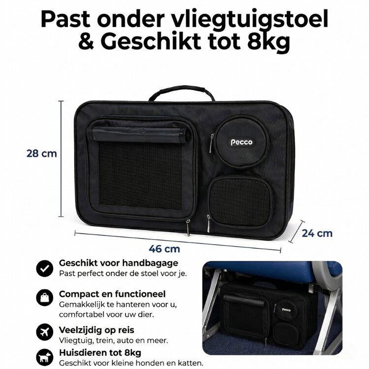 Pecco Reistas voor hondje en kat tot 8 kg - Luchttransport - Zwart