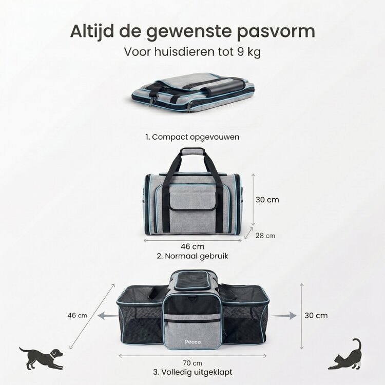 Pecco Dubbel uitbreidbare draagtas voor hond en kat tot 9 kg - Grijs