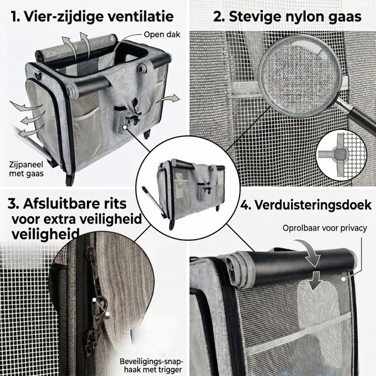 Pecco Reisbench met trolley voor hond en kat - Grijs