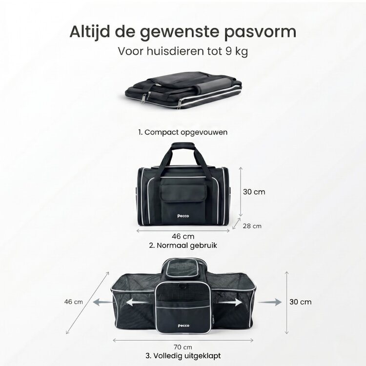 Pecco Dubbel uitbreidbare draagtas voor hond en kat tot 9 kg - Zwart