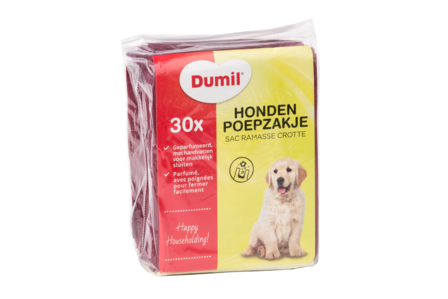 Met de Dumil poepzakjes met handvat ruimt u snel en eenvoudig de uitwerpselen van uw hond op